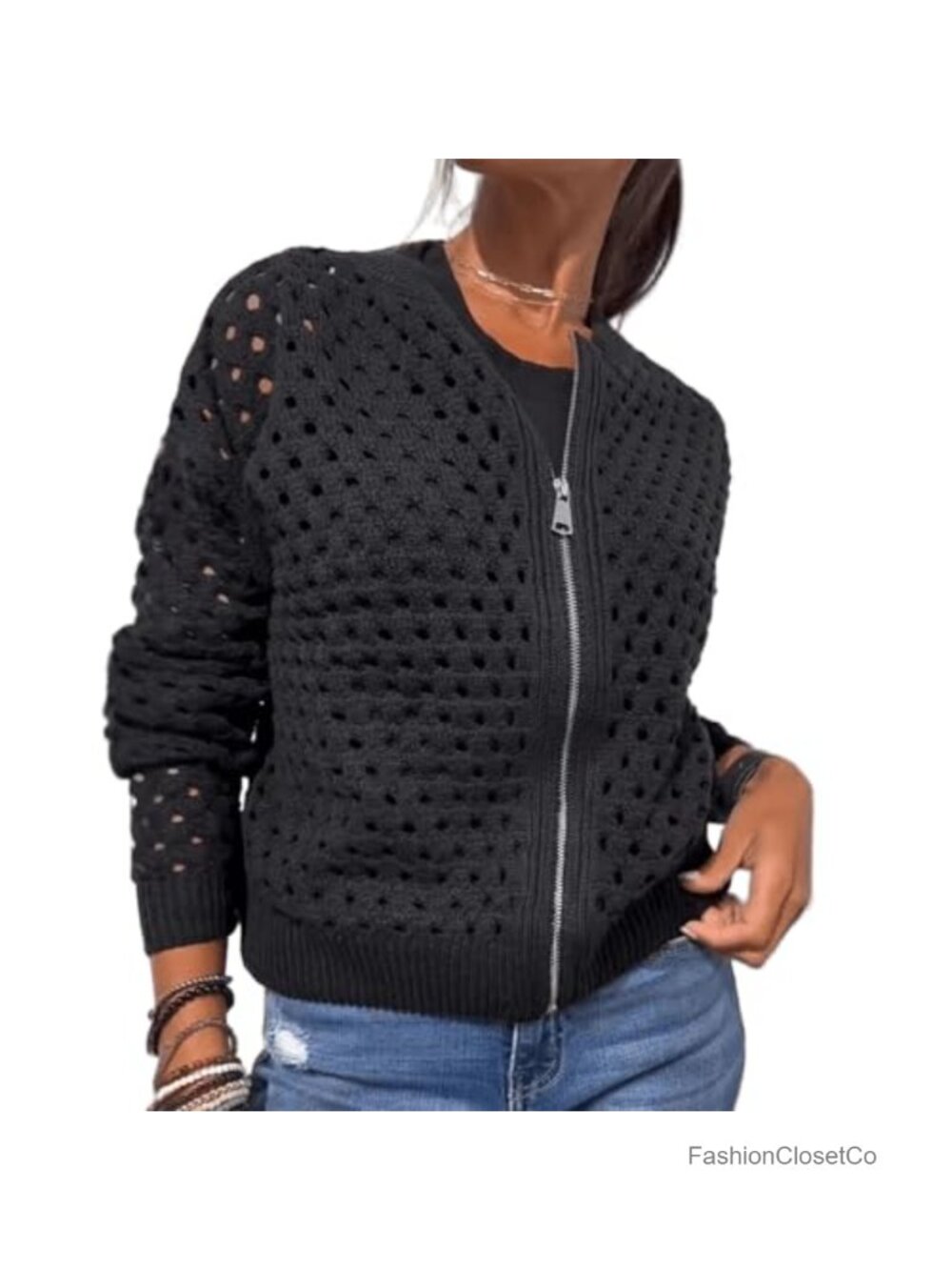 Zip Up Crochet Knit Cardigan Hollow Out Cropped Sweater Long Sleeve Crew Neck